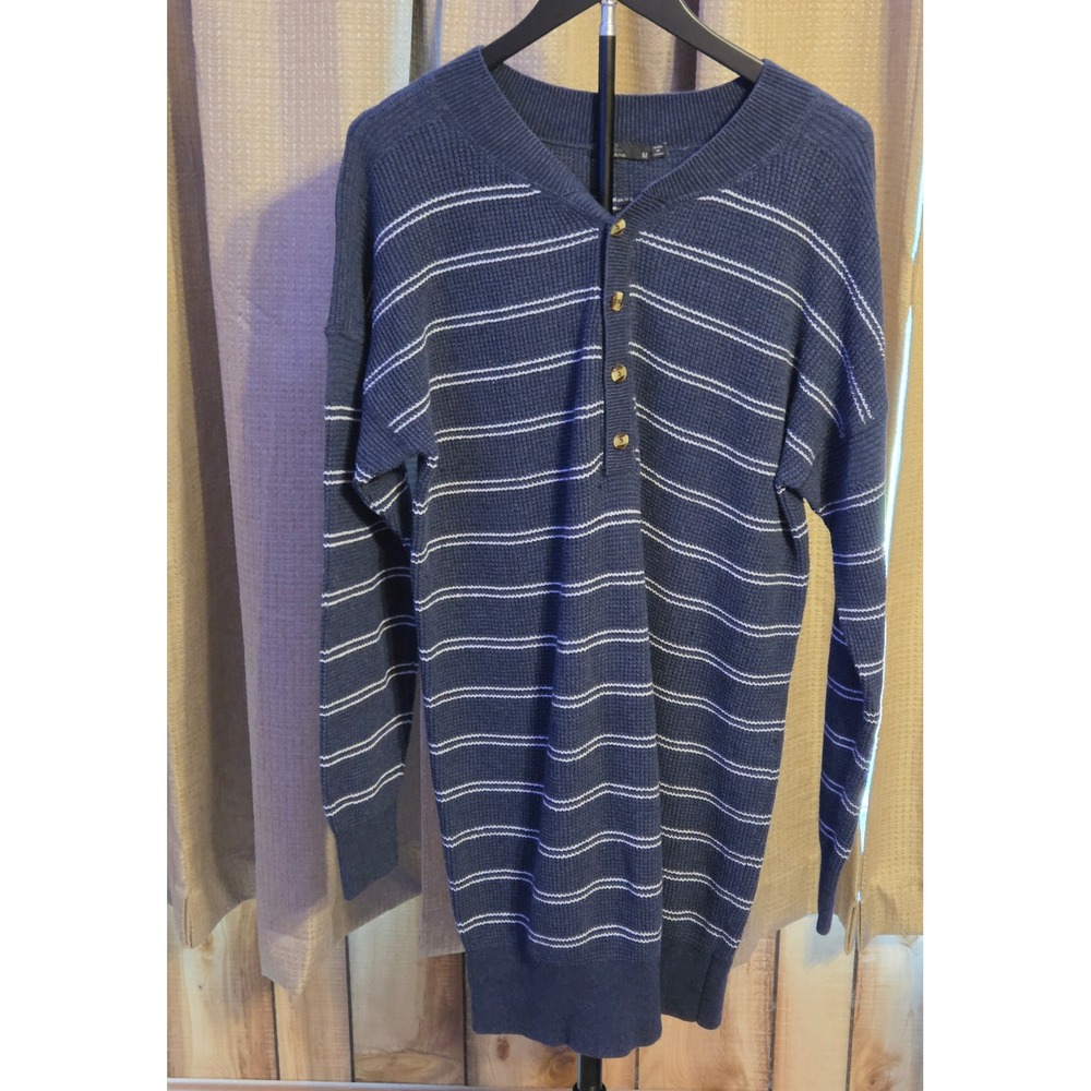 PrAna Milani Henley Long Sleeve Sweater Dress Women's Size Medium Blue White